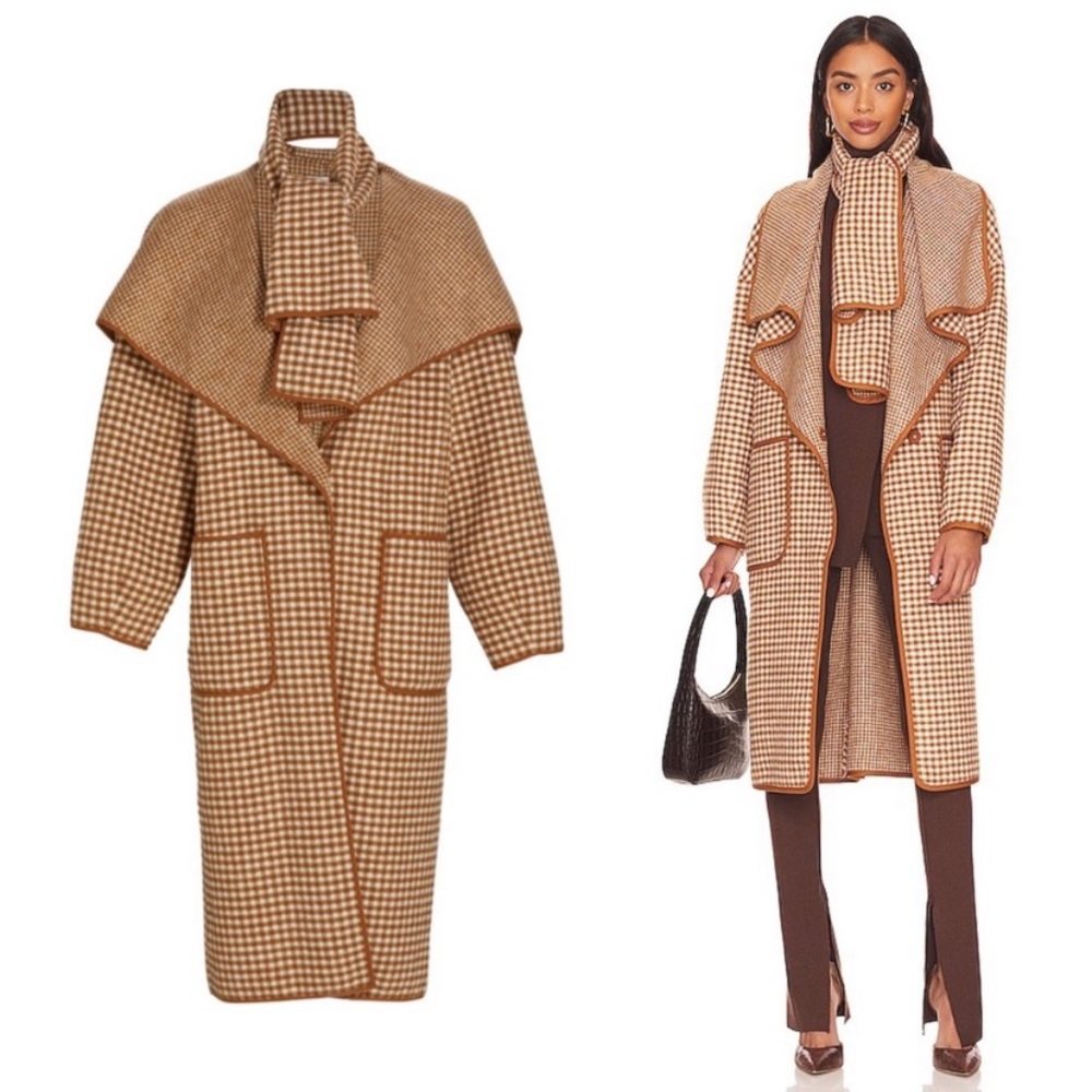 Sezane Tan and Cream Houndstooth Wool Coat with Scarf Collar
